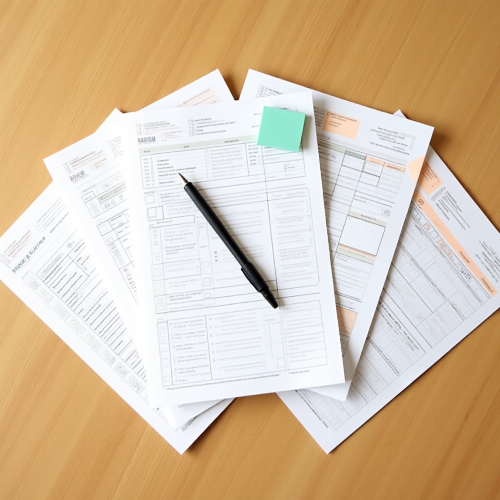 Ausgedruckte Kurs-Arbeitsblätter auf einem Holztisch