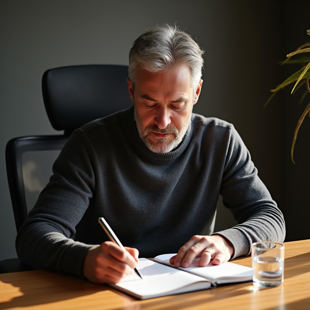 Ruhige Person sitzt nachdenklich am Schreibtisch mit Notizbuch