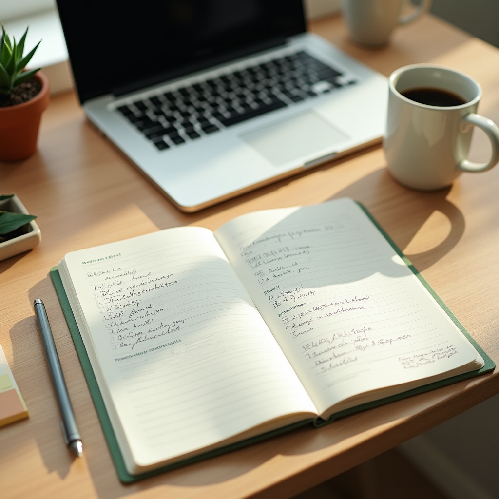 Aufgeräumter Schreibtisch mit Notizbuch und Laptop für achtsame Selbstorganisation