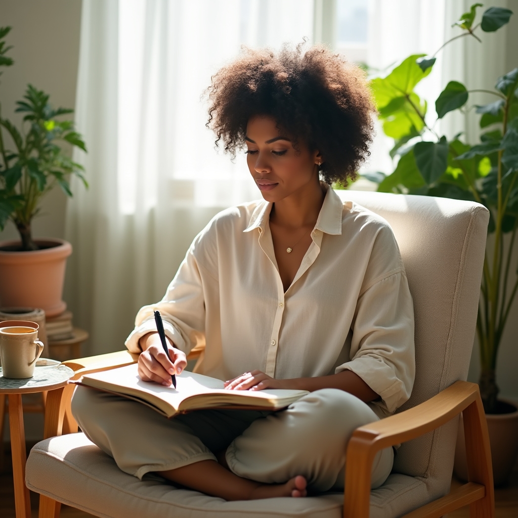 Person mit Notizbuch und Tasse in ruhiger Arbeitsatmosphäre